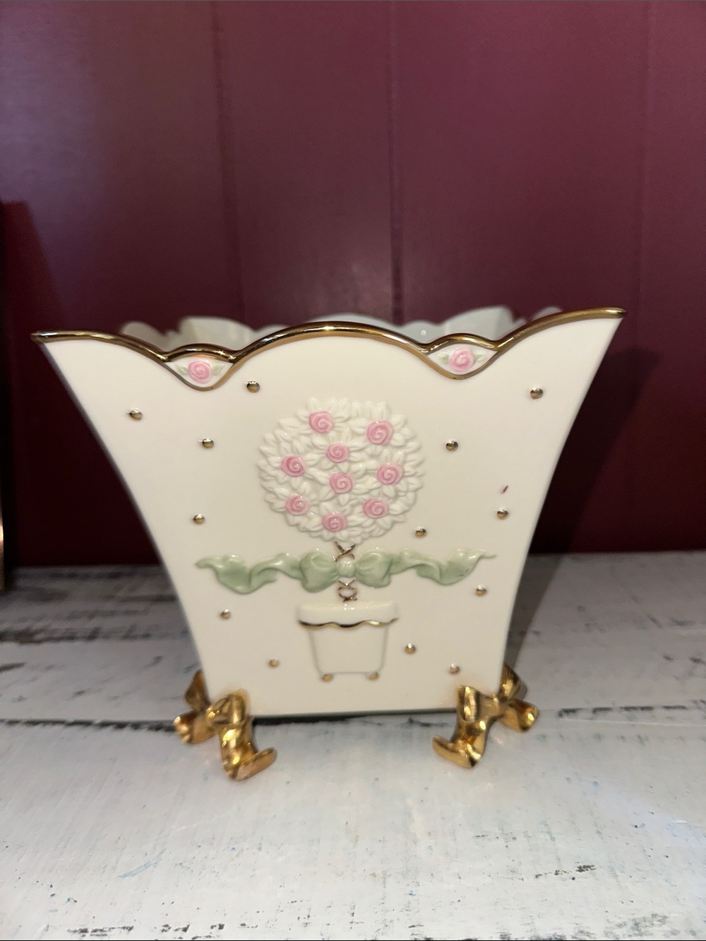 Lenox White Porcelain Vase with Pink Rose Topiary and Gold Accents